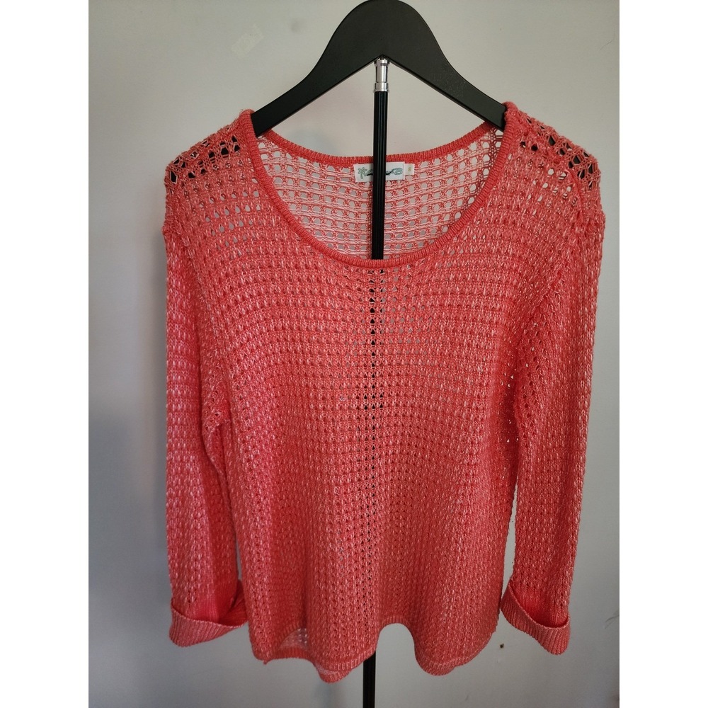 Lulu B Womens Small Coral Pink Open Knit Crochet Pullover Sweater Cotton